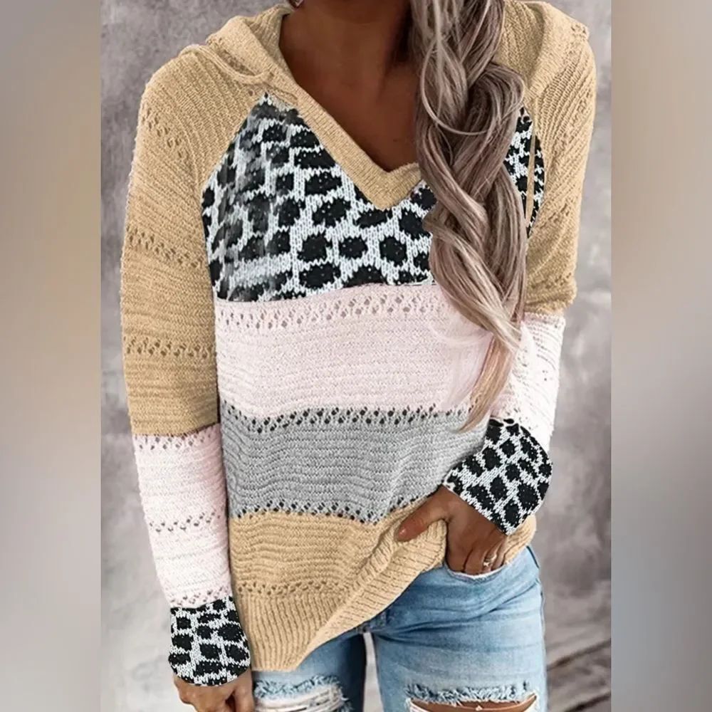 Misslook Fall Animal Print Color Block V Neck Woven Sweater Hoodie Women’s L
